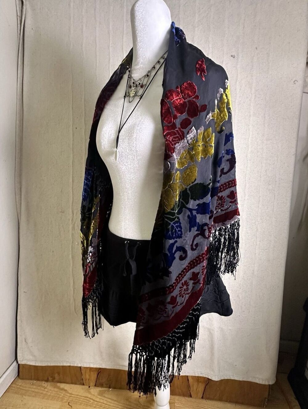 Silk Rayon Square Scarf Shawl Burnout Velvet Colorful Floral Fringe Whimsigoth